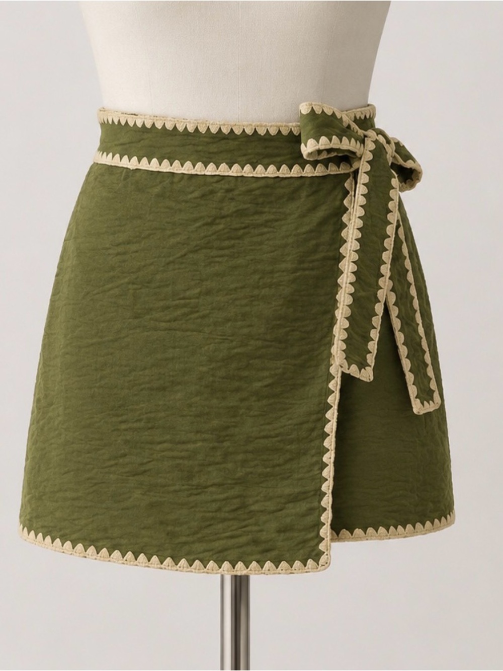 ENTRO Olive Wrap Mini Skort with Contrast Embroidered Trim